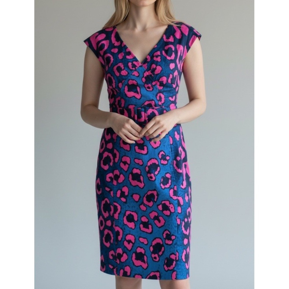 Samantha Sung New York Sheath Dress 4 Blue Pink Leopard Print V-Neck Cap Sleeve